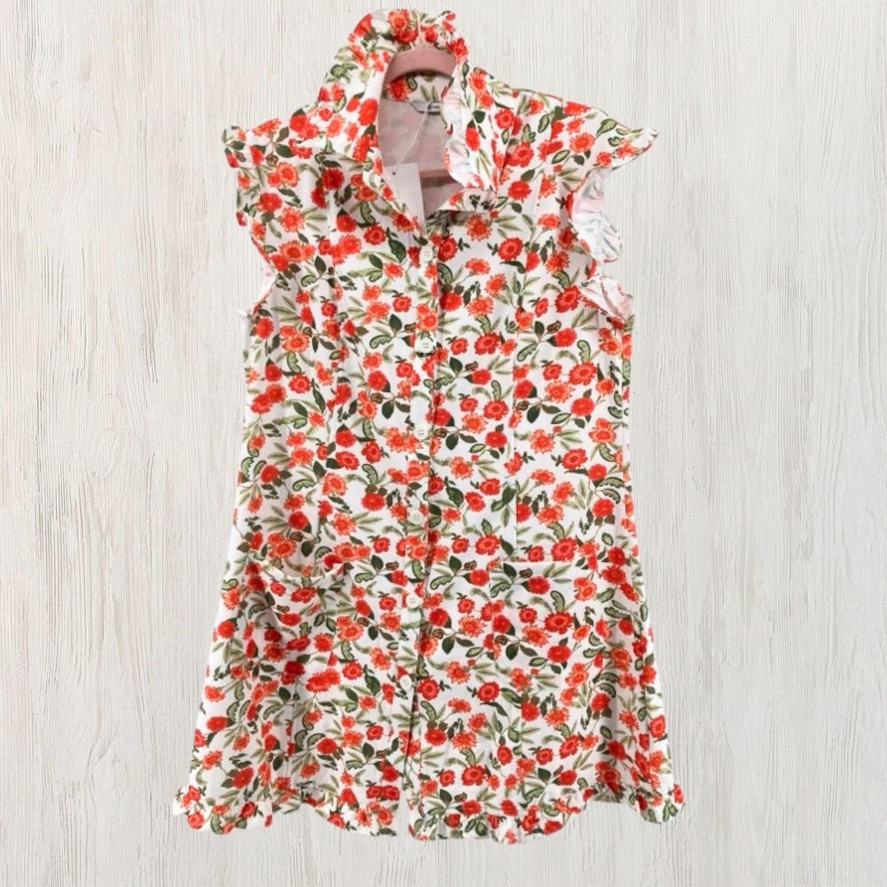 Wenrine Floral Dress Women White Red Button Front Ruffle Sleeve Cottagecore